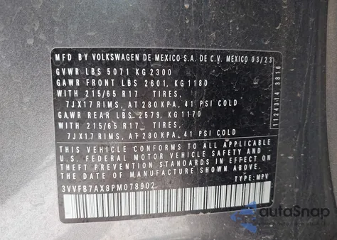 2023 Volkswagen Tiguan 2.0T S from USA, damaged, VIN 3VVFB7AX8PM078902